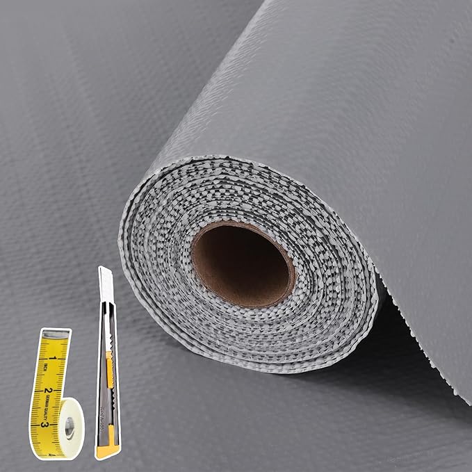 Drawer and Shelf Liner for Kitchen Cabinet: 12 in X 20 Ft Non Slip Waterproof Shelf Paper Non Adhesive Refrigerator Liners Gray Easy Liners for Bathroom Cupboard with Knife Tape Measure