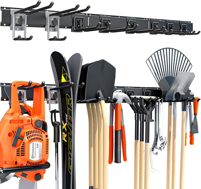 48" Garage Tool Organizer Wall Mount, 440lbs Heavy Duty Metal Storage Rack | Adjustable Hooks Garden Tool Organization System | Anti-Rust Shed Holder for Hanging Rake, Broom, Shovel, Snowboard