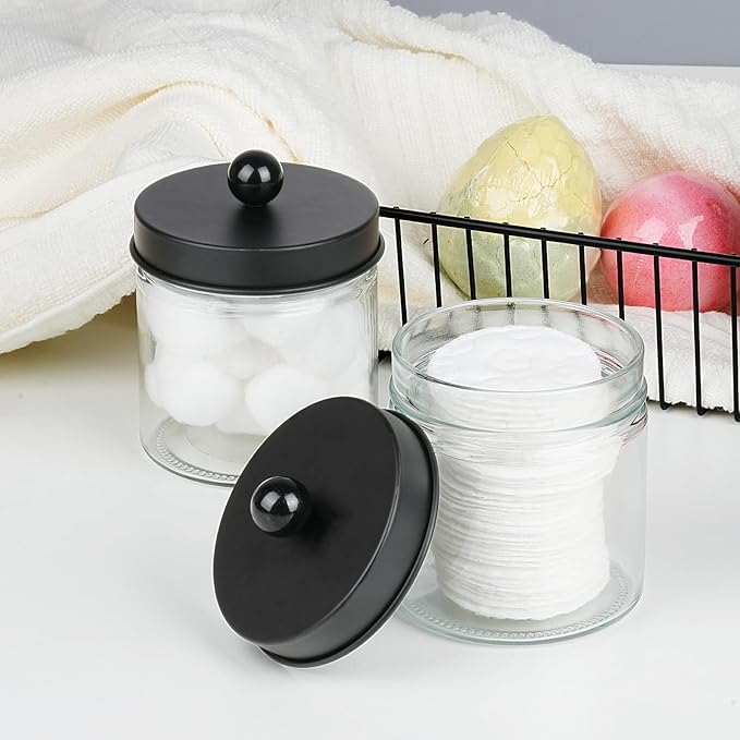 SheeChung Bathroom Organizers and Storage - 3Pack Qtip Holders Bathroom Canister Apothecary Jars for Cotton Swabs, Rounds, Balls, Qtips,Makeup Sponges, Flossers,Bath Salts - Black