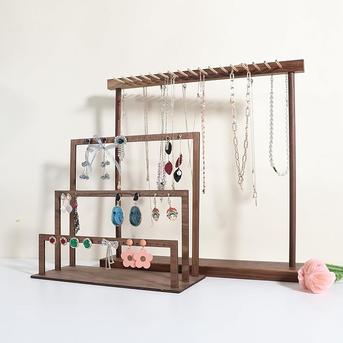 GemeShou Large necklace hanger shelf with 17 copper bars, Wooden jewelry storage organizer rack for hanger necklace bracelet, necklace display stand for boutique store【Walnut】