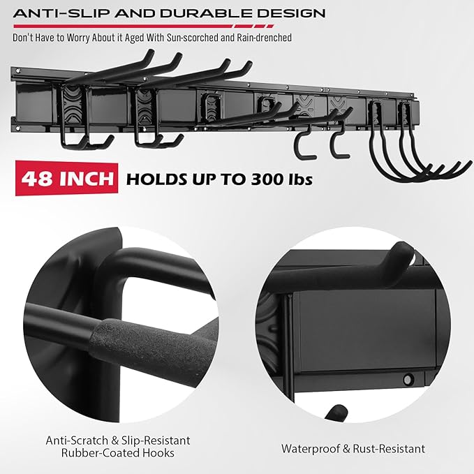 SEDY 48" Heavy Duty Garage Wall Organizer, Wall Mount Tool Storage Rack with Adjustable Hooks, Garden Tool Organizer Hold Up to 300lbs, Easy Installation (8 Hooks, 3 Rails, 3 Straps)