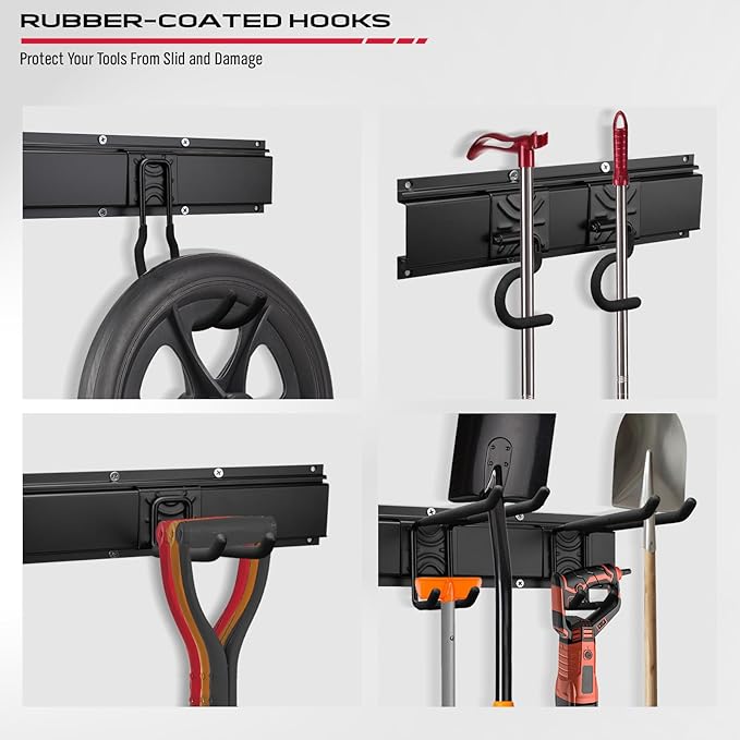 SEDY 64" Heavy Duty Garage Storage Tool Organizer Wall Mount - Tool Rack with Adjustable Hooks, Anti-Rust, 300lbs Capacity - Easy Installation (10 Hooks, 4 Rails, 3 Straps)
