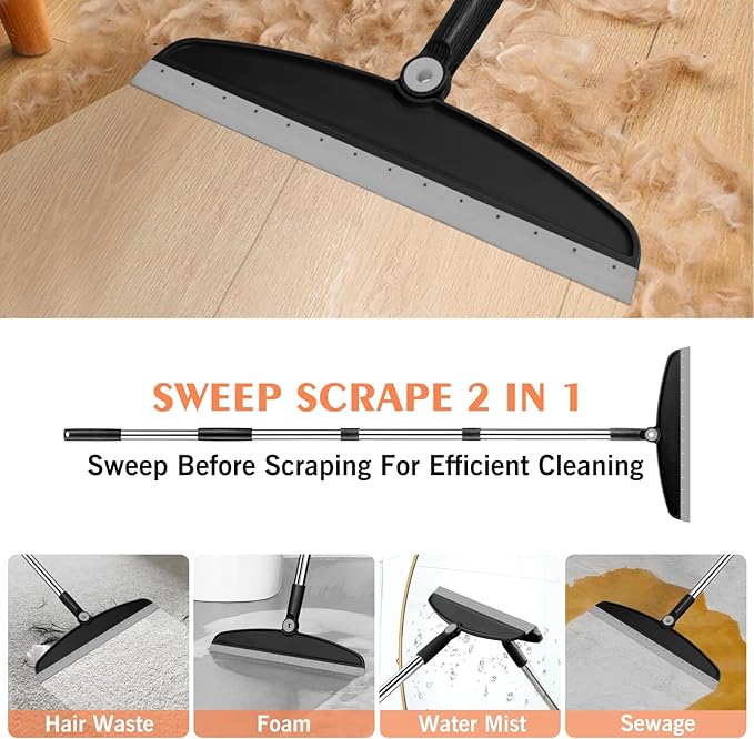 Multifunction Magic Broom, 54 Inch Adjustable Long Handle Silicone Floor Squeegee Broom, Sweep and Scrape 2 in 1 Household Cleaning Brooms for Floor, Bathrooms, Showers, Tile, Pet Hair, Black Grey