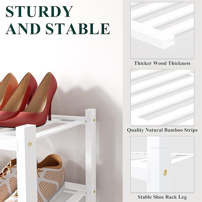 Smiry Shoe Rack, 3 Tier Small Bamboo Shoe Organizer, Stackable Free Standing Wooden Shoe Storage Shelf for Closet, Entryway, Front Door Entrance, White