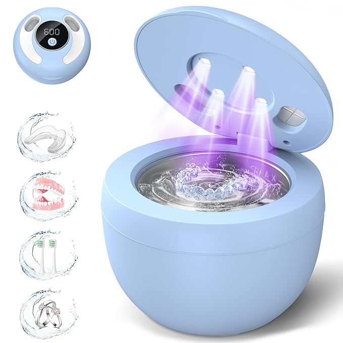 Dental Ultrasonic Retainer Cleaner Machine: 45kHz Dental Cleaning Pod for Denture, Mouth Guard, Night Guard, Aligner, Braces, Toothbrush Head & Jewelry, UV Cleaner with Digital Timer & 4 Modes, Blue