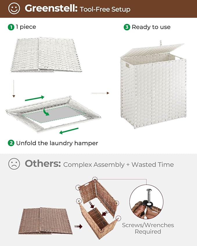 Greenstell Laundry Hamper with lid, No Install Needed, 110L Wicker Laundry Baskets Foldable 2 Removable Liner Bags, 2 Section Clothes Hamper Handwoven Rattan Laundry Basket with Handles, White
