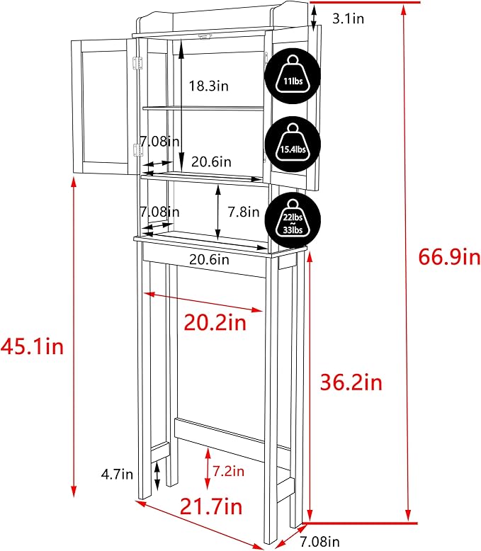 Over-The-Toilet Storage Shelf with Doors, Bathroom Freestanding Organizer Space Saver with Adjustable Shelf, Gray