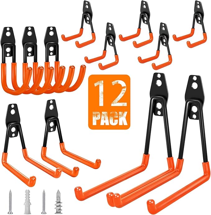 Garage Hooks Heavy Duty, 12 Pack Anti-Slip Coating Garage Wall Storage Hooks for Hanging Bike, Ladder, Garden Tools