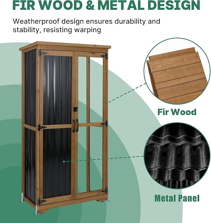 Outdoor Storage Cabinet, Tall Tool Garden Cabinet with Weather-Resistant Roof, Double Lockable Doors, 3 Removable Shelves & Adjustable Feet, for Patio, Garden, Backyard, 32" x 15.5" x 66"