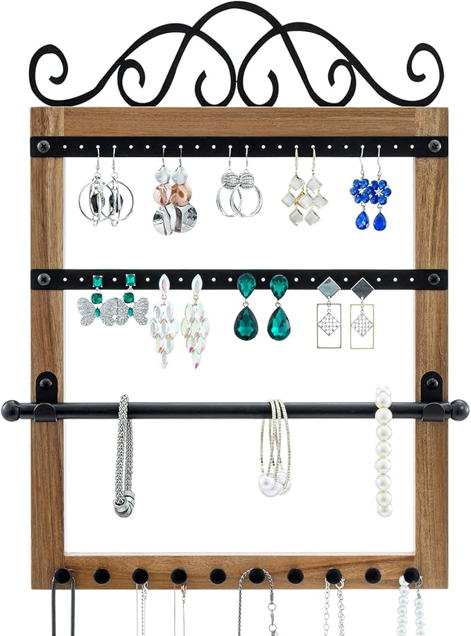 MyGift Premium Acacia Wood & Black Metal Wall Mounted Jewelry Organizer – Scrollwork Design Holder for Necklaces, Earrings, Bracelets & Accessories