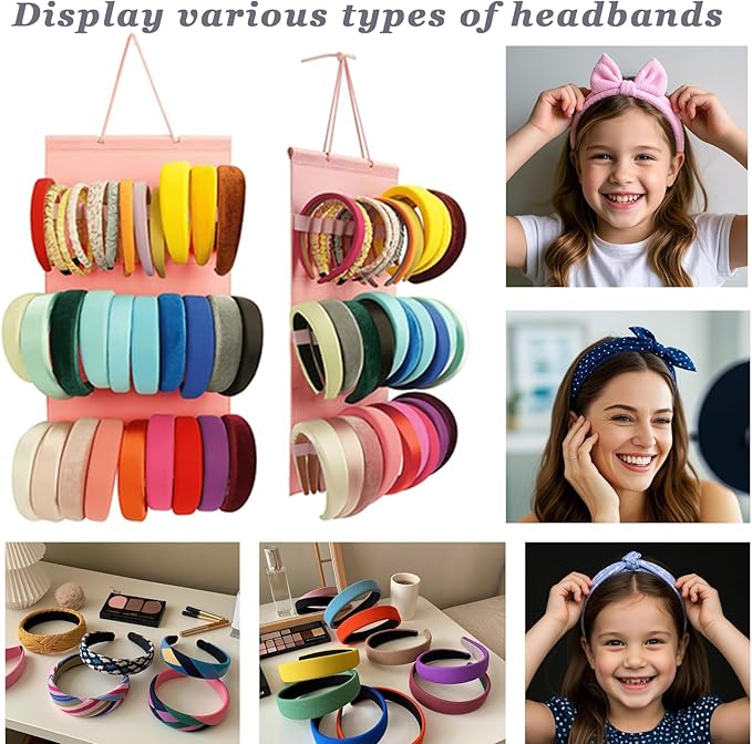 Hanging Headband Holder Organizer with 40 Elastic Loops Display Rack Wall Mounted for Home Women, Pink