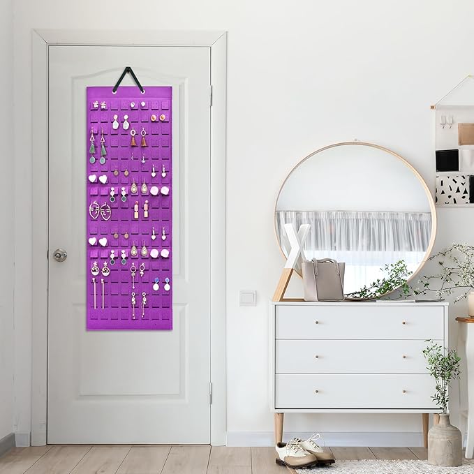 Lolalet Hanging Earring Holder Organizer with 20 Hooks for Women, Earring Organizer Wall Earrings Hanger Pierced Earring Storage, Felt Stud Earring Display, 608 Holes for Earrings - Purple, 1 Pack