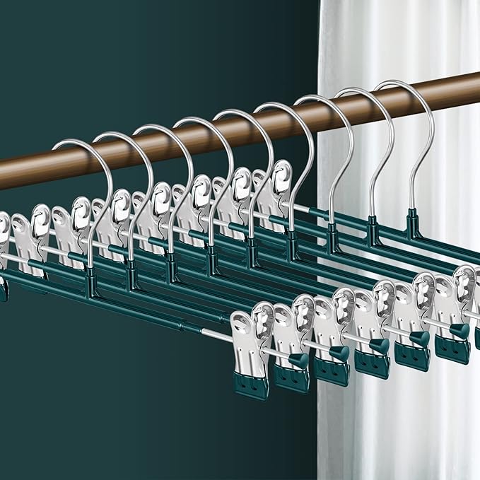 Pants Hangers with Clips 20 Pack Adjustable Skirt Hangers for Women Non-Slip Trousers Hanger for Jeans Clothes Hangers for Pants Heavy Duty Space Saving Shorts Hangers,Green,12Inch