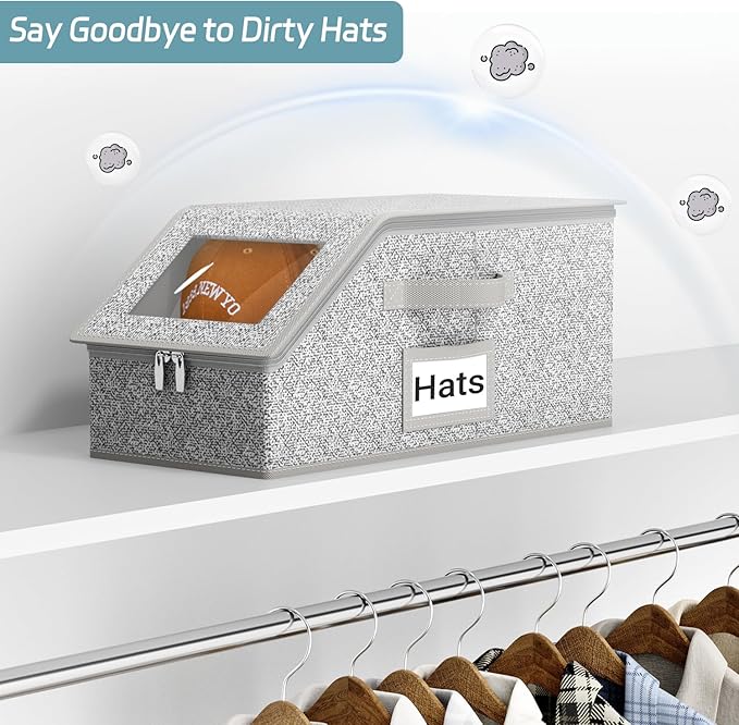 AOODA 3 PCS Stackable Hat Storage for Baseball Caps, Holds up to 36 Caps Cap Organizer for Closet, Sturdy Hat Boxes for Men with Cardboard, Grey