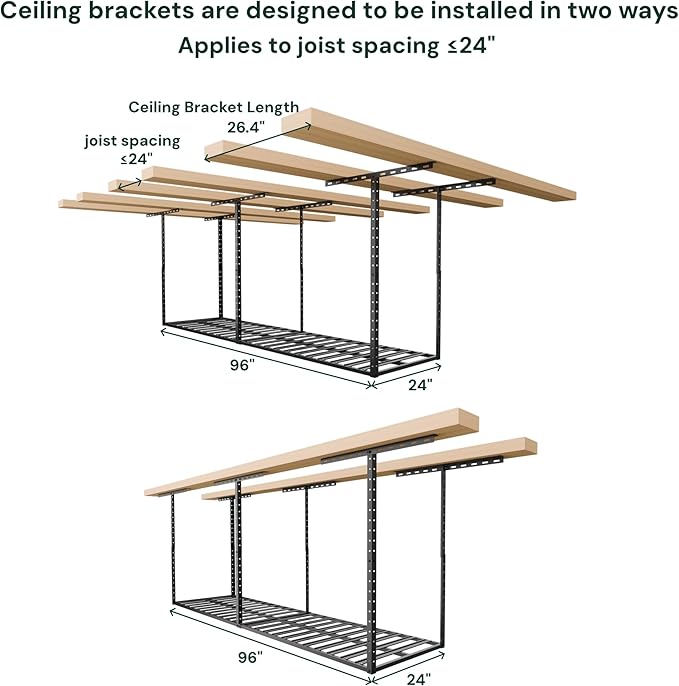 SunsGrove 2x8 Overhead Garage Storage Rack Organization, Adjustable Ceiling Mounted Storage Racks, 800LBS Weight Capacity, 22"-40" Ceiling Dropdown, Hammertone Black
