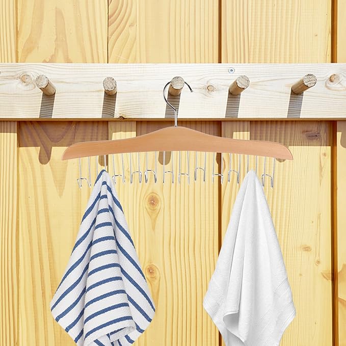 Uonlytech Wooden Belt Hanger and Scarf Holder for Closet, Multi-Function Accessory Organizer with Anti-Slip Round Hooks, Natural Solid Wood Rack for Hats, Belts, and Scarves Storage in