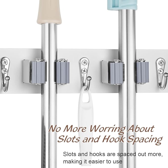 2 Pack Mop Broom Holder Wall Mount - White Wood Broom Mop Hanger - Wall Mounted Garden Tool Rack Organizer for Closet Garage Laundry Room, 4 Slots & 4 Hooks