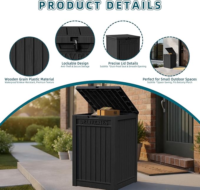 EasyUp Outdoor Package Delivery Box, 55-Gallon Lockable Parcel Drop Box, Large Double-Walled Resin Weatherproof Storage Deck Box for Porch and Patio (Black)
