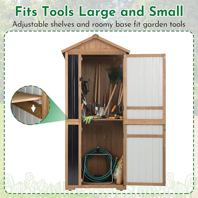 Outdoor Storage Cabinet 70 Inch, Wooden Vertical Garden Tool Storage Shed with Adjustable Shelves, Waterproof Roof, Lockable Doors, Small Backyard Utility Cabinet for Patio Garage