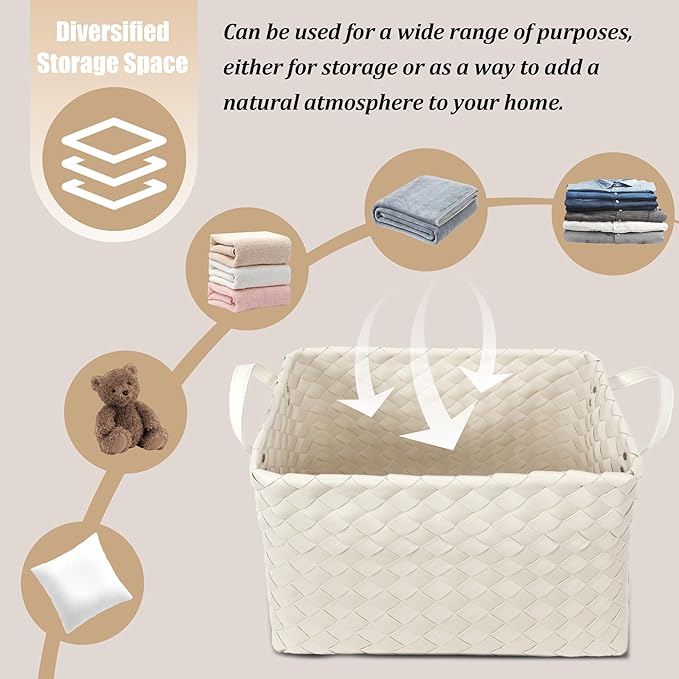 Handwoven Clothes Basket Laundry Hampers Large Wicker Storage Baskets for Shelves Blankets Closet Storage Bins Car Bedroom Bathroom Organizers and Storage Bath (Pack of 4, White)