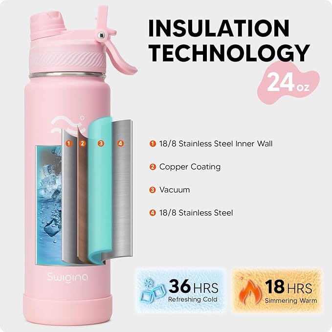 [2-IN-1 LID] Insulated Water Bottle with Silicone Boot (36hrs Cold/18hrs Hot) - DIY Stickers, Leakproof, BPA Free, 24 oz
