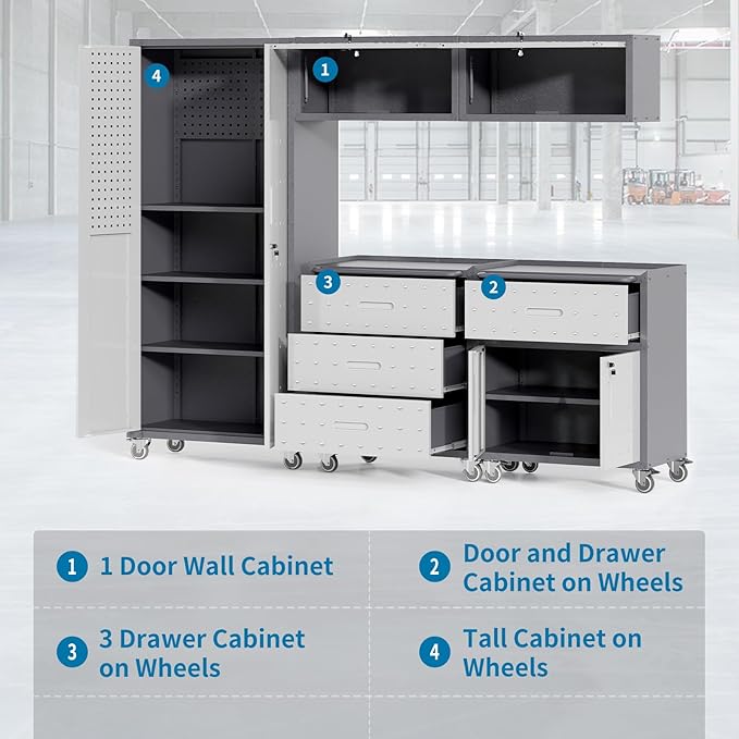 Garage Storage Cabinets System 5PCS Workshop Set with Drawers Locking Heavy Duty Rolling Cart with Adjustable Shelves Garage Tool Workbench Cabinets (5 PCS-2)