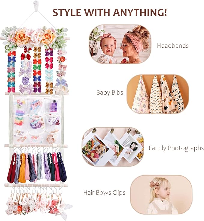 cherrboll Hair Bows Holder Headband Organizer for Girls, Hair Clips Hanger Storage with Hooks, Wall Hanging Decor for Nursery Room