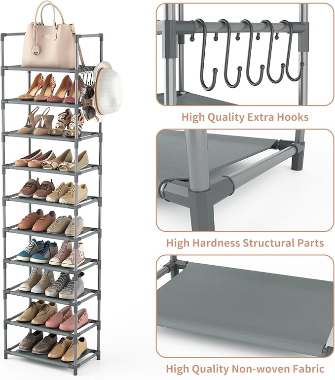 10 Tiers Tall Shoe Rack 20-25 Pairs Boots Organizer Storage Sturdy Narrow Shoe Shelf for Entryway, Closets with Hooks, Grey