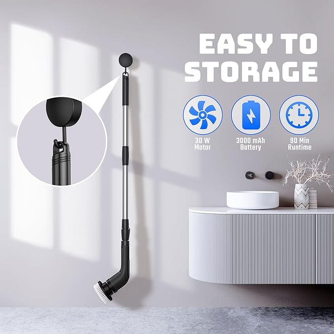 Shower Scrubber with Long Handle - Bathroom Power Electric Spin Scrubber for Cleaning Bathtub with 7 Brush Heads - Cordless IPX7 Waterproof Automatic for Grout, Tile, Tub, Toilet, Car