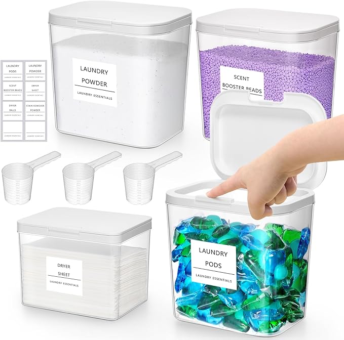Lifewit Large Laundry Pods Container& Dryer Sheet Holder, Laundry Storage Containers, Laundry Room Organization Storage Jars for Powder, Scent Booster Beads,Plastic Lid,0.53+0.7 gal,4 Pcs