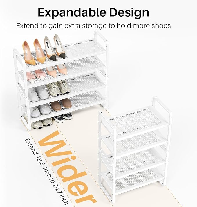 Shoe Rack - Expandable Shoe Organizer for Closet, Adjustable Metal Shoe Shelf Storage, Stackable Long Shoe Stand Holder for Garage, Entryway, Door Entrance (White, 4-Tier)