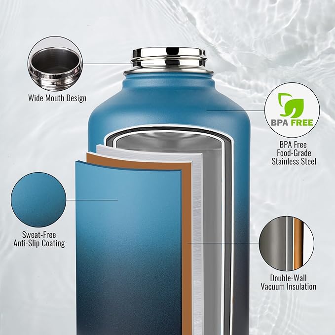 Gallon Water Bottle with 2 Lids (Straw & Spout), 304 Stainless Steel Water Jug with Handle and Wide Mouth, 1 Gallon Vacuum Double Walled Jug for Sports, Outdoors, Blue&Black 128 oz