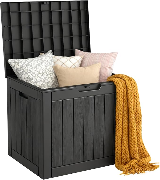 Outdoor Storage Box, 35 Gallon Deck Box Waterproof, Resin Patio Storage Bin for Package Delivery, Patio Furniture Cushion, Garden Tools, Pool Accessories, Weatherproof, Black