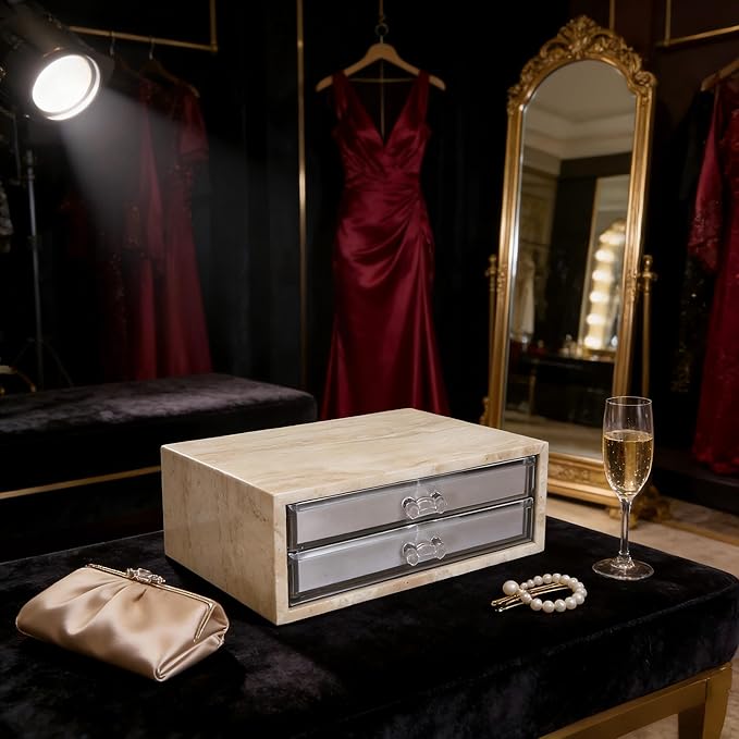 Natural Travertine Jewelry Box with 2 or 3 Drawer Organizers, Velvet Lined Storage for Rings and Necklaces (Large-2)
