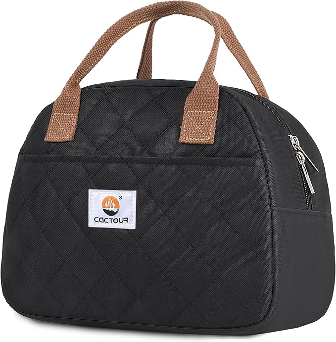 Lunch Bag Women,Insulated Quilted Lunch Bag, Small Portable Cute Lunch Box,Cooler Bag Reusable Lunch Tote for Work/Travel/Picnic (Black)