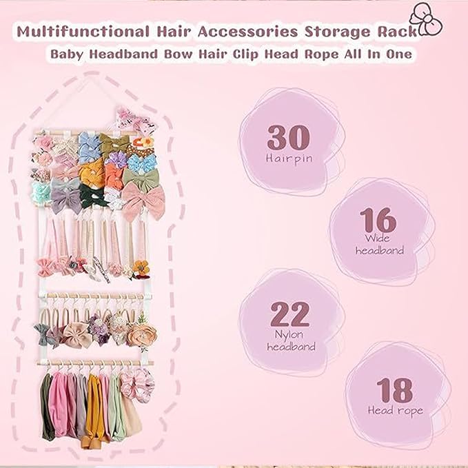 Hair Bow Organizer – Headband Storage Rack, Necklace Display Holder | 30 Hook Hanging Solution, Wall Mounted Accessory Organizer For Bedroom Kids Closet Playroom Nursery Decor