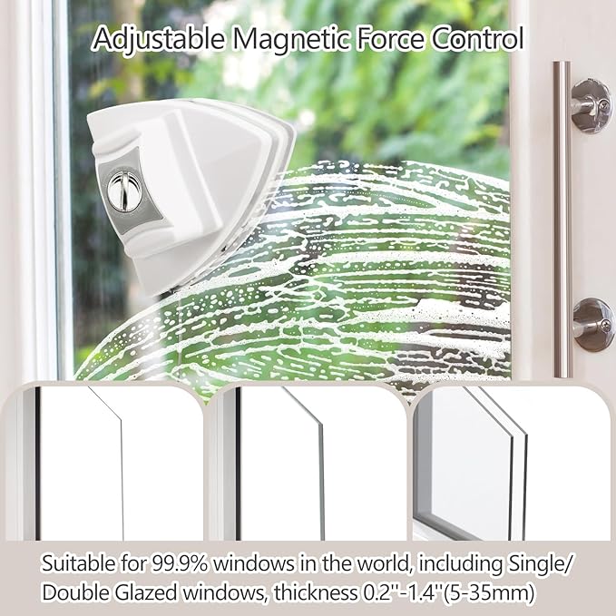 Magnetic Window Cleaner Tool Glass Wiper, Adjustable Magnet Window Washer, Double-Sided Windows Cleaning Brush for High-Rise Single/Double Glazed Windows Thickness 0.2''-1.4''(5-35mm)