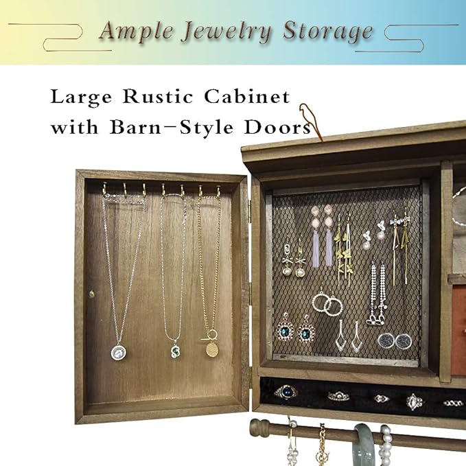 GLANT Rustic Wall Mounted Jewelry Organizer with Wooden Barndoor Decor， Wall Mount Holder,Jewelry holder for Necklaces, Earings, Bracelets，Ring Holder. Includes matching hook organizer (wood color)
