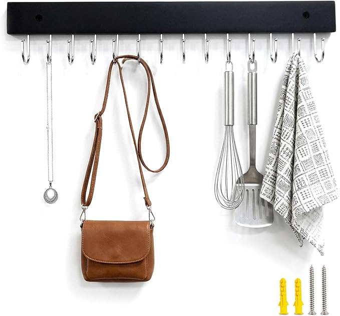 Hanging Jewelry Organizer, belt hanger with 14 Rotating 180° Coat Rack, 14.5in Key Holder for Keys, Necklaces, Ties, Bag