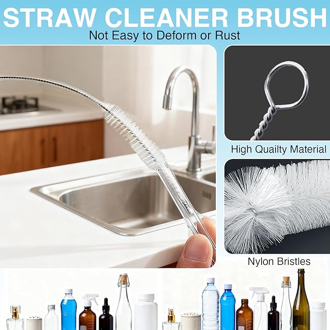 10 Pcs Bottle Brush and Lid Cleaning Brush Set, Long Water Bottle Straw Cleaner Brush for Wine Decanter Narrow Neck Bottles, Home Kitchen Crevice Brush Tools