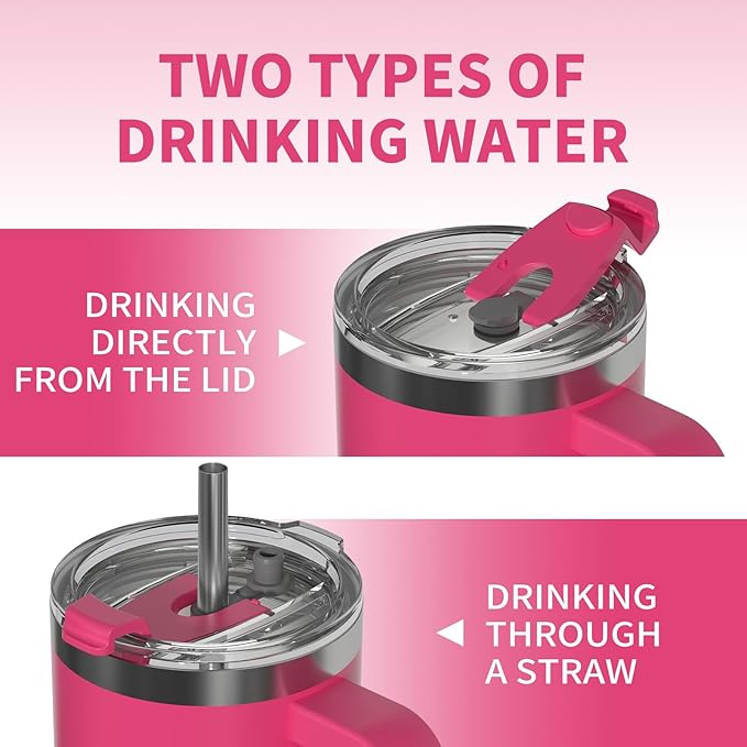 30 oz Tumbler with Handle,Tumbler with Lid and Straw,Double Wall Insulated Cup Stainless Steel Travel Mug(Cold for 34 Hours),Water Bottle for Iced Tea,Coffee,Cold Beverages(Gloss Pink)
