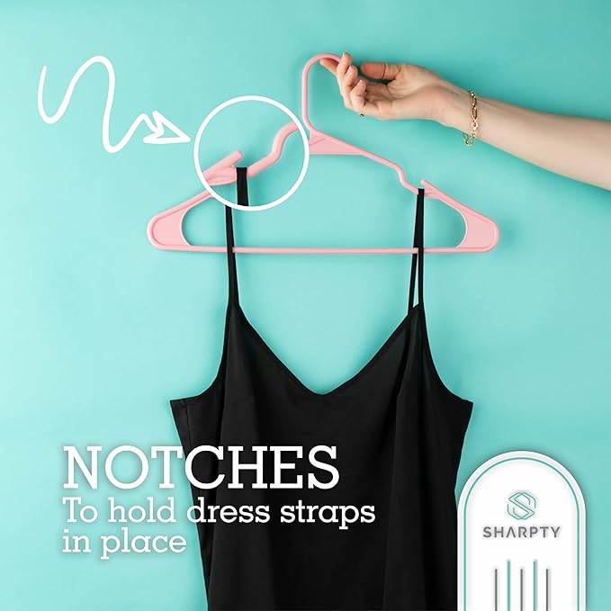 Sharpty Plastic Hangers Clothes Hangers for Clothing, Closet, Coats & Shirts - Notched, Durable, Space Saving - for Everyday Standard Use, Room Essentials & Basics - 50 Pack - Pink