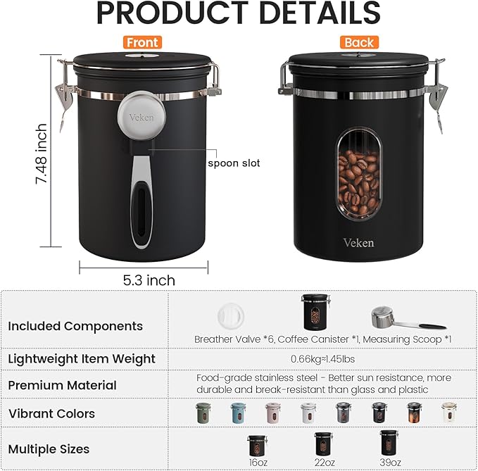 Veken Coffee Canister with Window,Airtight Stainless Steel Pantry Container,Home Kitchen Food Storage Organizers for Ground,Beans,Espresso,Rice,Tea,Sugar,Cereal, Decor,Bar Accessories,Gifts,22OZ,Black