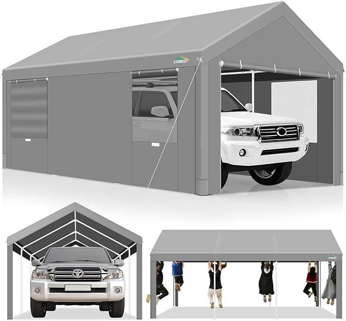 COBIZI Carport 10x20FT Heavy Duty Portable Garage, 3.0 Powder Coated Frame(Better Than Galvanized), Waterproof Shelter with Removable Sidewalls & Windows, Built-in Sandbags, for Car/Boat/SUV, Gray