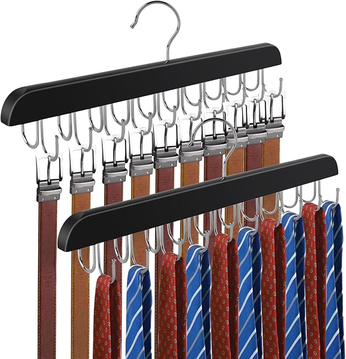 Belt Hanger for Closet, Holds Max 60 Belts, Wooden 20 Hooks Belt Organizer Wardrobe Accessory, 360° Rotatable Belt Storage Hanger Rack Space Saver for Belt, Bra, Tank Top, Tie, Scarf (2)