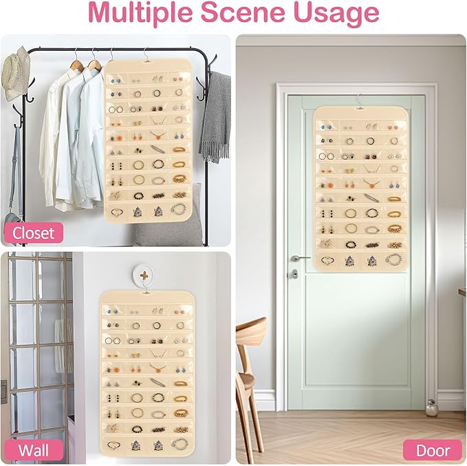 Hanging Jewelry Organizer for Closet with Swiveling Hanger, 17 x 30 In, 80 Clear Pockets Jewelry Organizer Hanging for Jewelries, Earrings, Accessories (Beige) (3, Beige)
