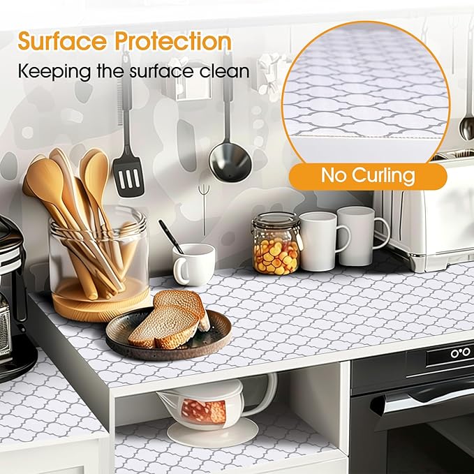 Shelf and Drawer Liner for Kitchen Cabinets Non-Adhesive, Strong Grip Non-Slip Thickened Cabinet Liners for Shelves, Waterproof Mats for Dresser Cupboard, White/Gray, 23 in x 10 Feet