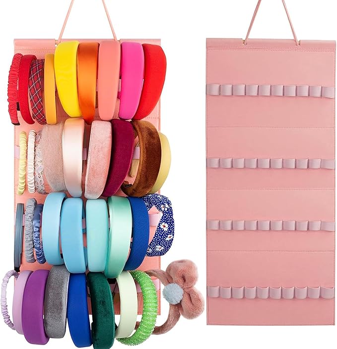 Hanging Headband Holder Organizer with 40 Elastic Loops Display Rack Wall Mounted for Home Women, Pink