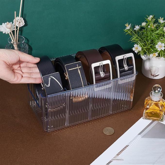 UNICRAFTALE Stretchable Belt Organizer PET Belt Storage Holder Display Case with 5 Compartments Clear Containers Storage Holder for Watches Tie Jewelry and Accessories for Closet 9.25"x5.3"x4.33"