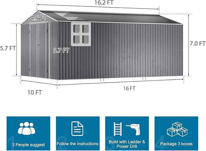 10x16 FT Metal Outdoor Storage Shed with Unique Floor Base Clear Roof Window Lockable Double Door Vent Heavy Duty Reinforced Frame Waterproof Sheds for Garden Large Lawnmower Tool,Dark Grey